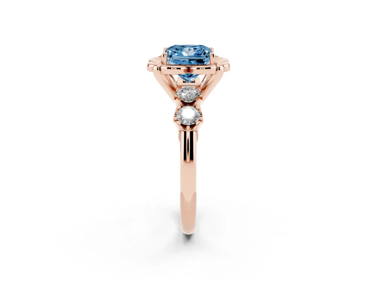 Fancy Blue Princess Cut Cut Diamond Floral Halo Engagement Ring with Shared Prong Setting Rose gold