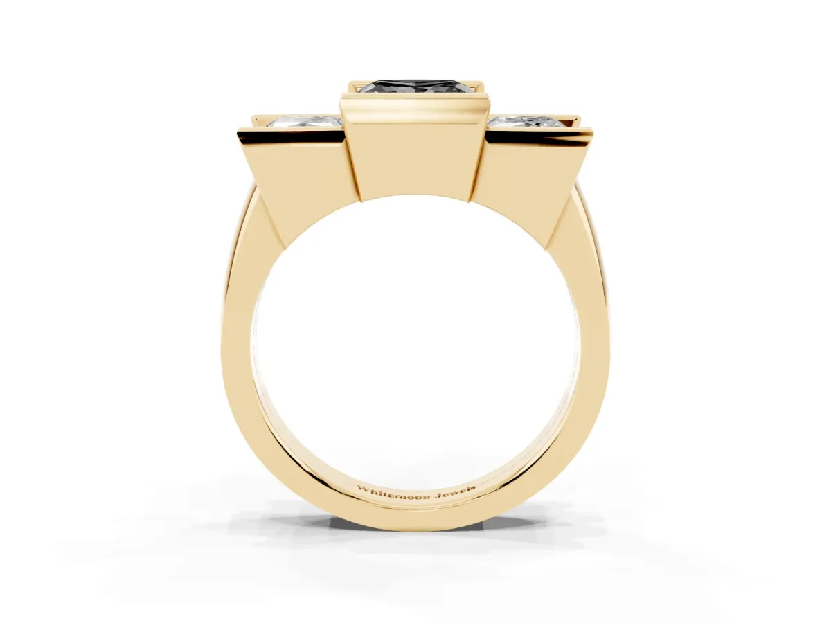 Fancy Black Three Stone Princess Cut Cut Channel Set Diamond Ring Yellow gold