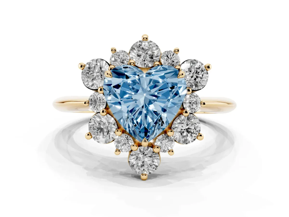 Fancy Blue Heart Cut Diamond Cluster Halo Ring with Solitaire Band and Four-Prong Setting Yellow gold