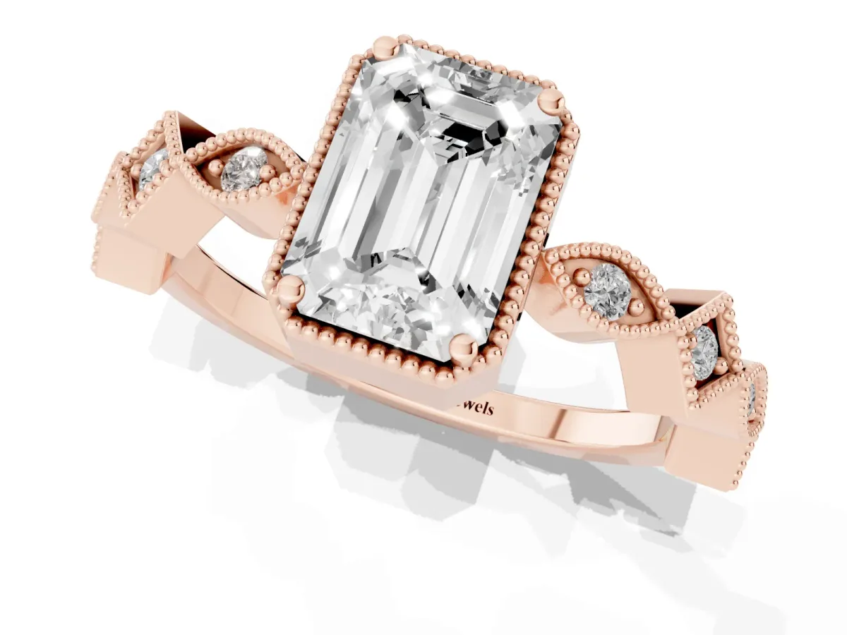 Emerald Cut Milgrain Marquise Diamond Twist Band Ring Rose gold