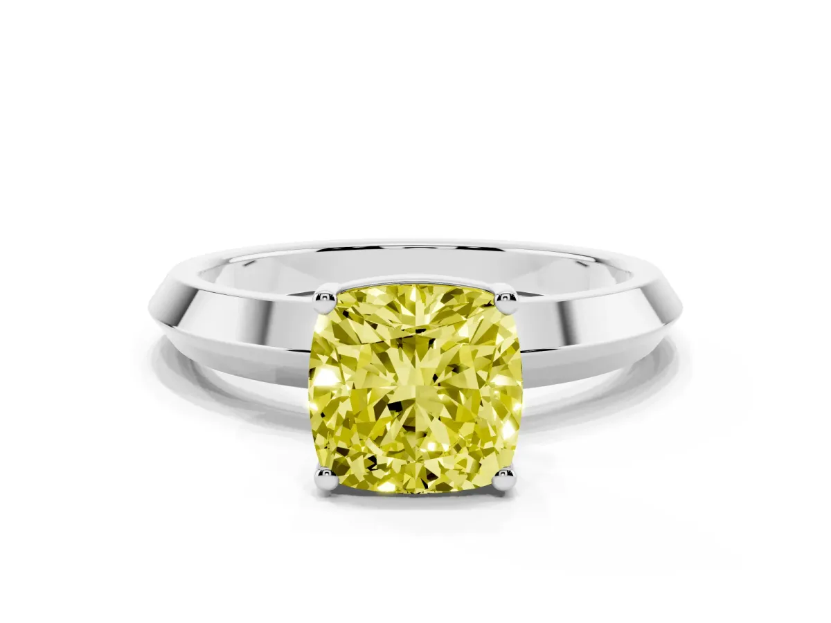 Fancy Yellow Cushion Cut Cut Solitaire Engagement Ring with Flat Band and Four-Prong Setting Platinum