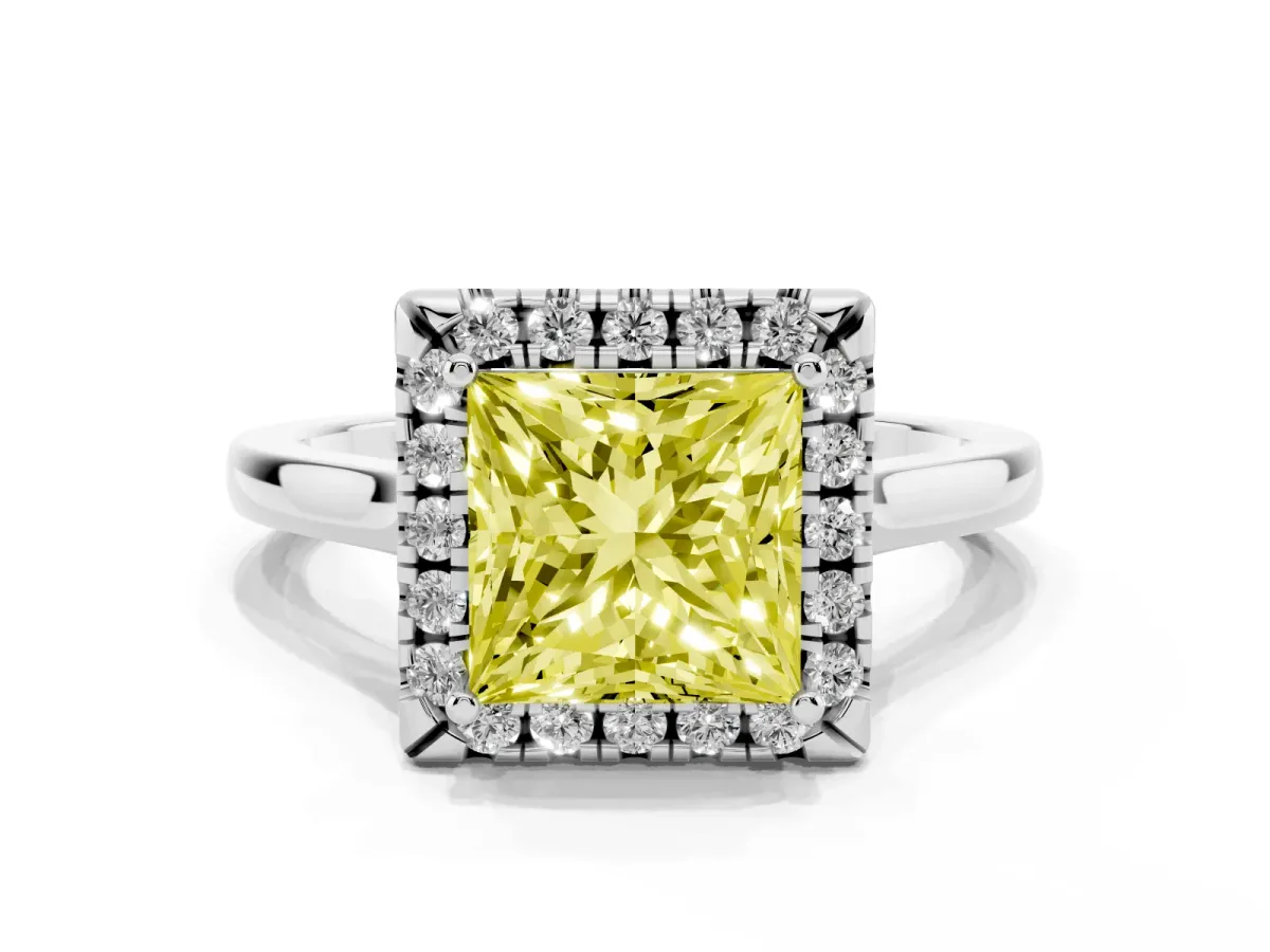 Fancy Yellow Princess Cut Halo Round Diamond Solitaire Ring with Pavé Band and Four-Prong Setting White gold