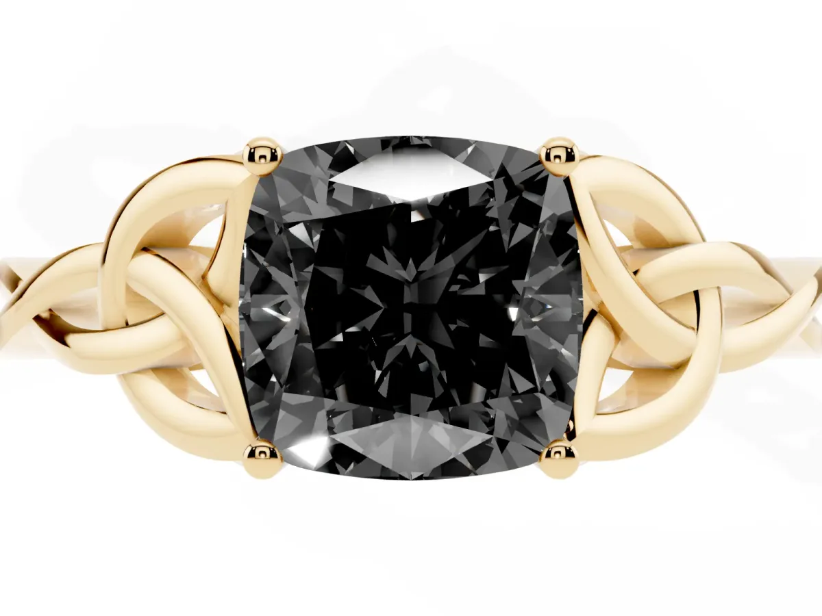 Fancy Black Cushion Cut Diamond Solitaire Engagement Ring with Celtic Knot Band and Four-Prong Setting Yellow gold