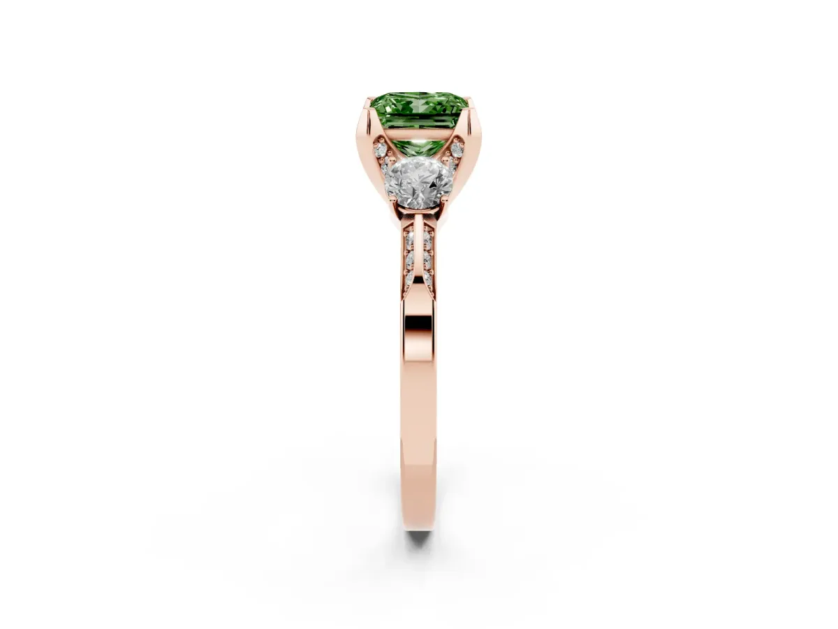 Fancy Green Princess Cut Brilliant Three-Stone Diamond Ring with Pavé Band and Four-Prong Setting Rose gold