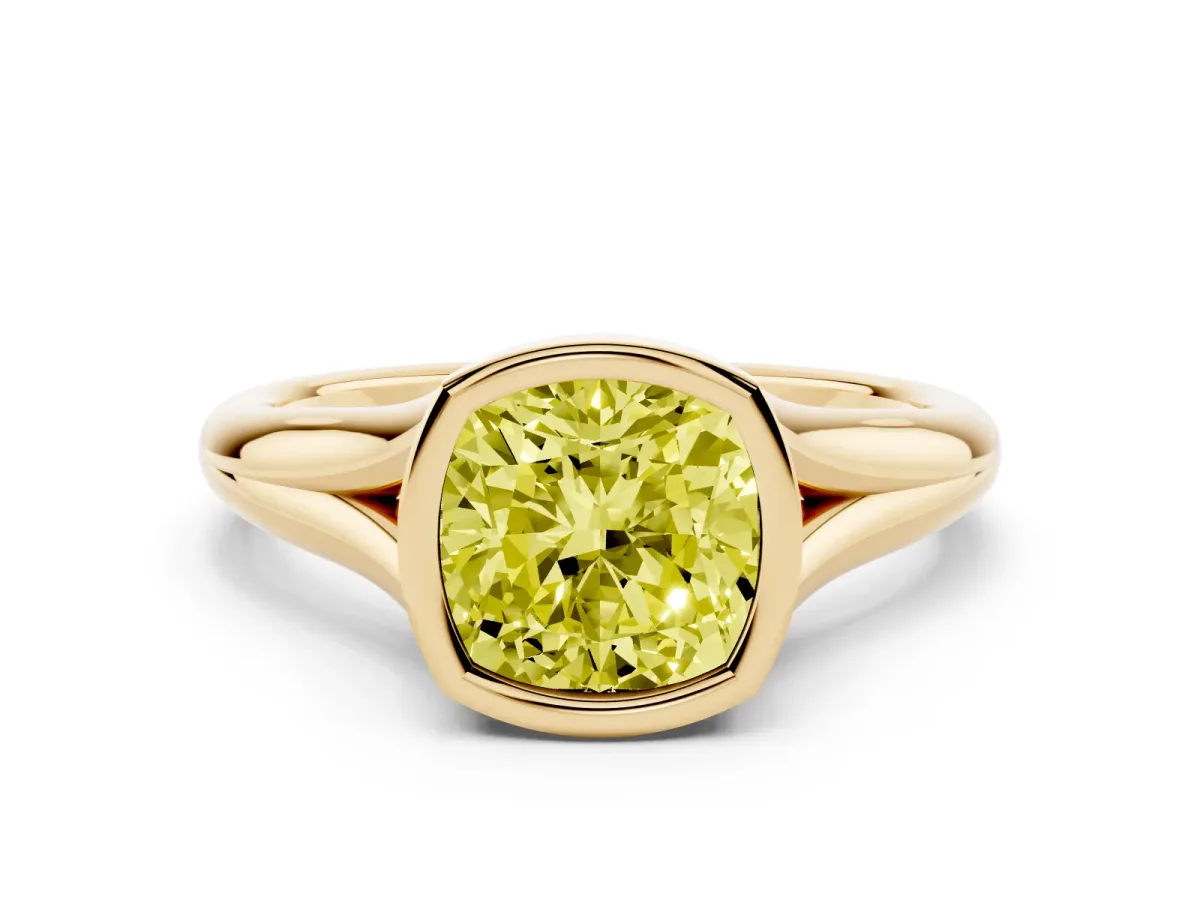 Fancy Yellow Bezel Set Cushion Cut Solitaire Diamond Ring with Smooth Band Yellow gold