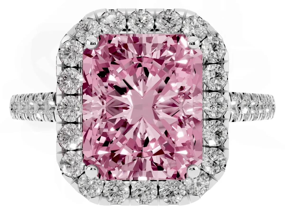 Fancy Pink Radiant Cut Halo Pave Diamond Engagement Ring with Four-Prong Setting Platinum
