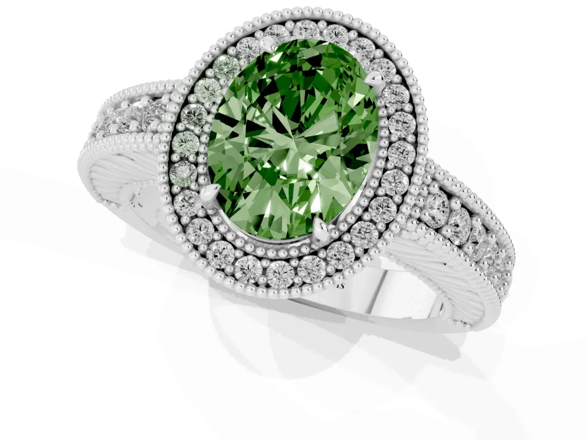 Fancy Green Oval Cut Cut Halo Diamond Ring with Pavé Band and Four-Prong Setting Silver