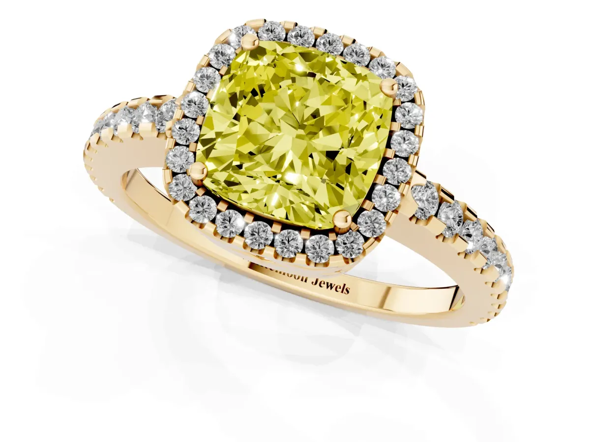 Fancy Yellow Cushion Cut Diamond Halo Engagement Ring with Pavé Band and Prong Setting Yellow gold