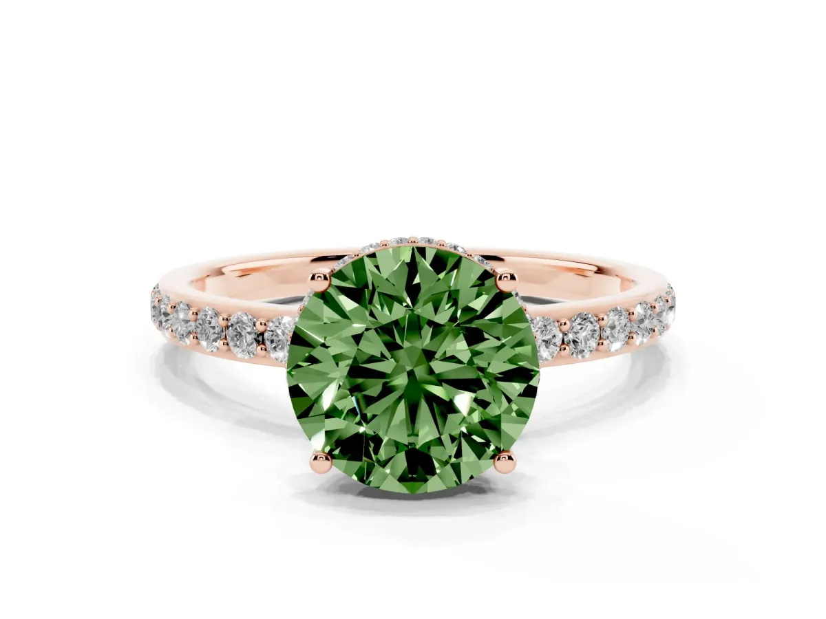 Fancy Green Round Cut Diamond Solitaire Ring with Pavé Band and Hidden Halo Rose gold