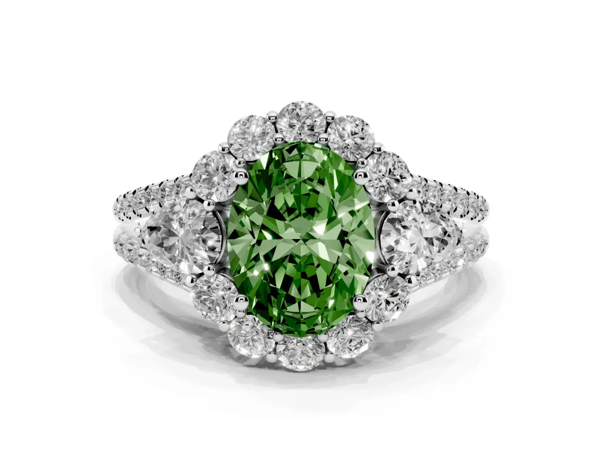 Fancy Green Oval Cut Halo Split Shank Diamond Engagement Ring with Prong Setting Platinum