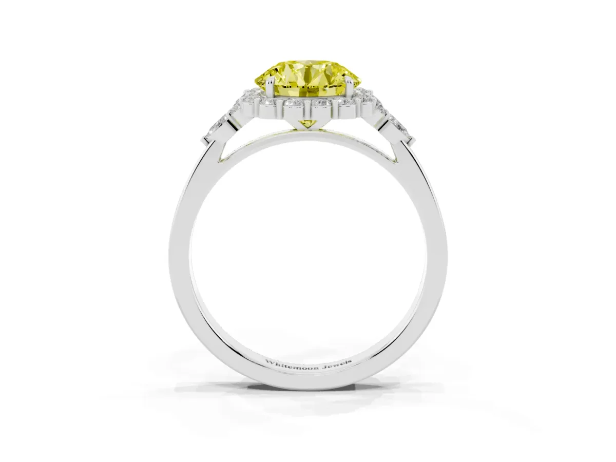 Fancy Yellow Round Cut Diamond Halo Ring with Pear Side Stones and Prong Setting Silver
