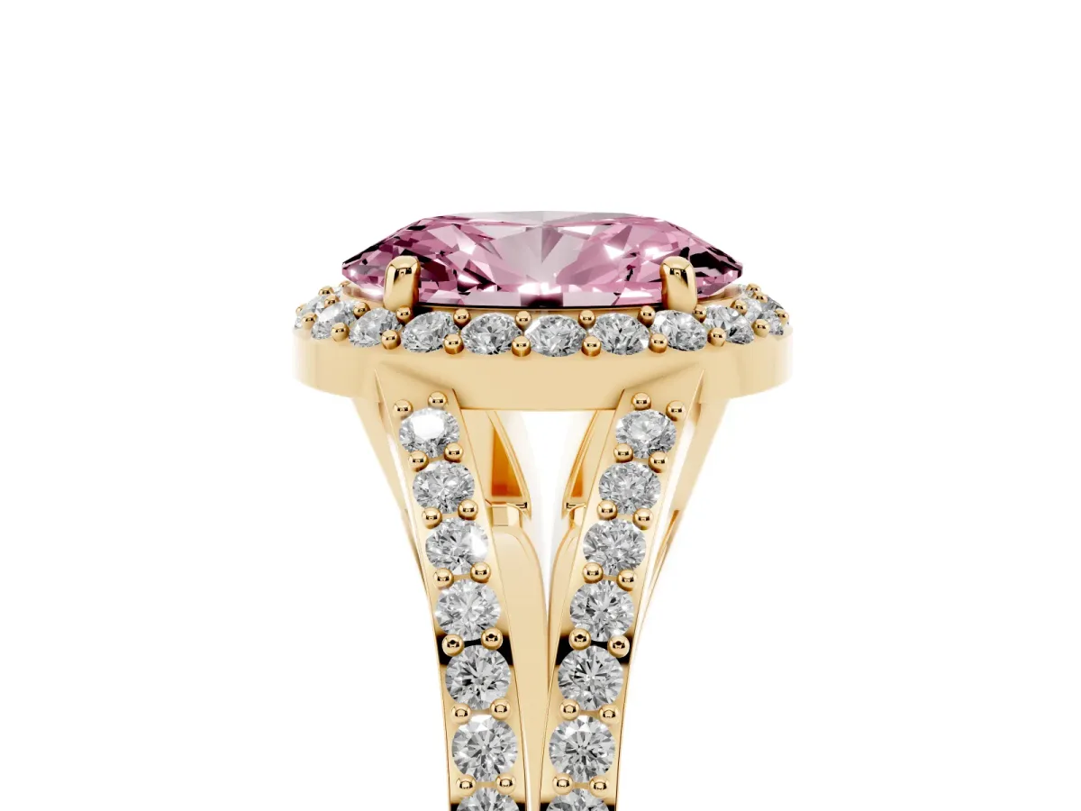 Fancy Pink Oval Cut Halo Split Shank Pave Diamond Ring with Four-Prong Setting Yellow gold
