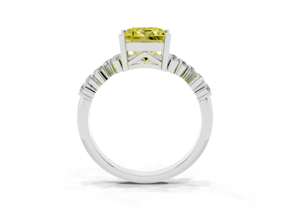 Fancy Yellow Princess Cut Diamond Scattered Round Accent Ring with Prong Setting Silver