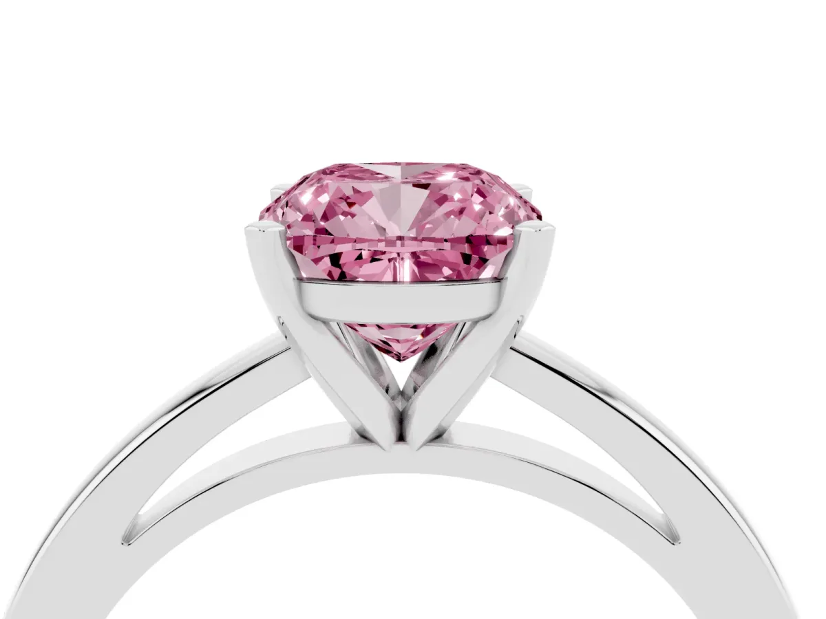 Fancy Pink Cushion Cut Solitaire Diamond Engagement Ring with Four-Prong Setting on a Classic Band White gold