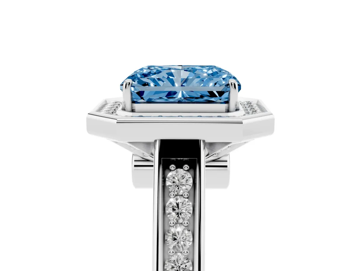 Fancy Blue Emerald Cut Halo Solitaire Diamond Ring with Pave Band and Bezel Setting Silver