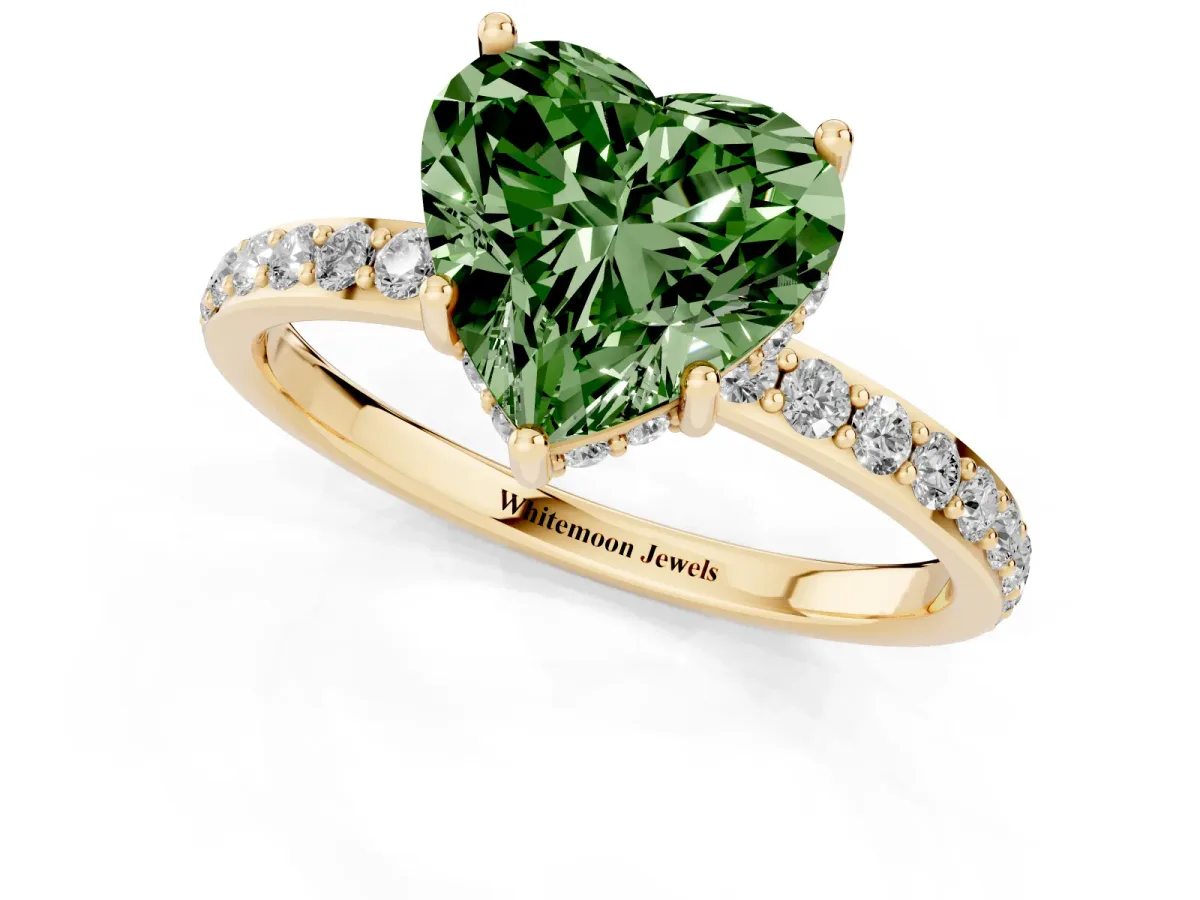 Fancy Green Heart Cut Diamond Solitaire Ring with Pavé Band and Hidden Halo Yellow gold