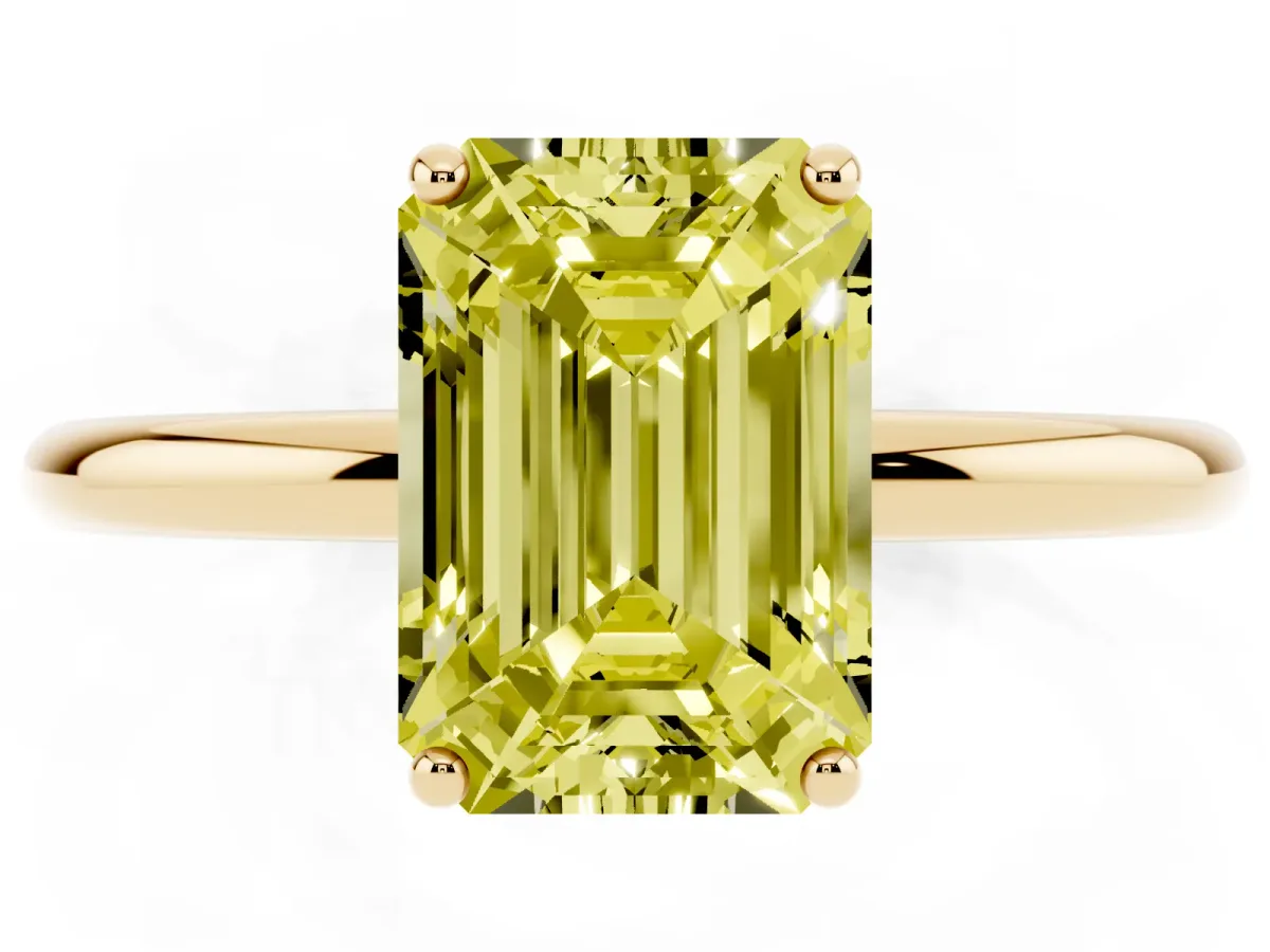 Fancy Yellow Emerald Cut Solitaire Diamond Ring with a Classic Band and Four-Prong Setting Yellow gold