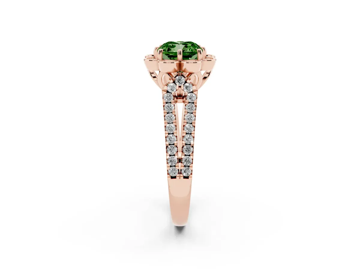 Fancy Green Cushion Cut Halo Diamond Floral Split Shank Engagement Ring Rose gold