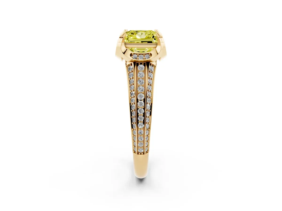 Fancy Yellow Princess Cut Solitaire Pave Split Shank Ring with Four-Prong Setting Yellow gold