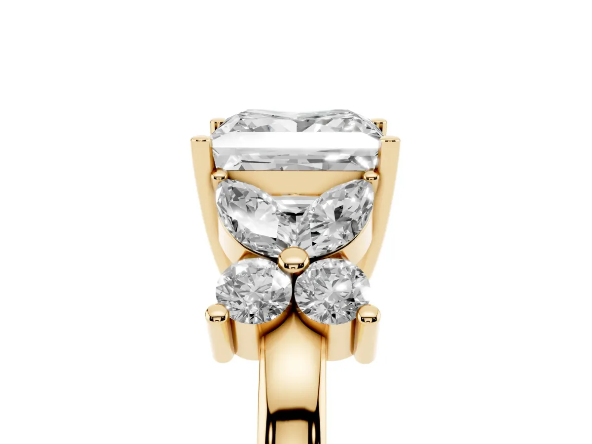 Princess Cut Diamond Floral Cluster Ring with Solitaire Band and Prong Setting Yellow gold