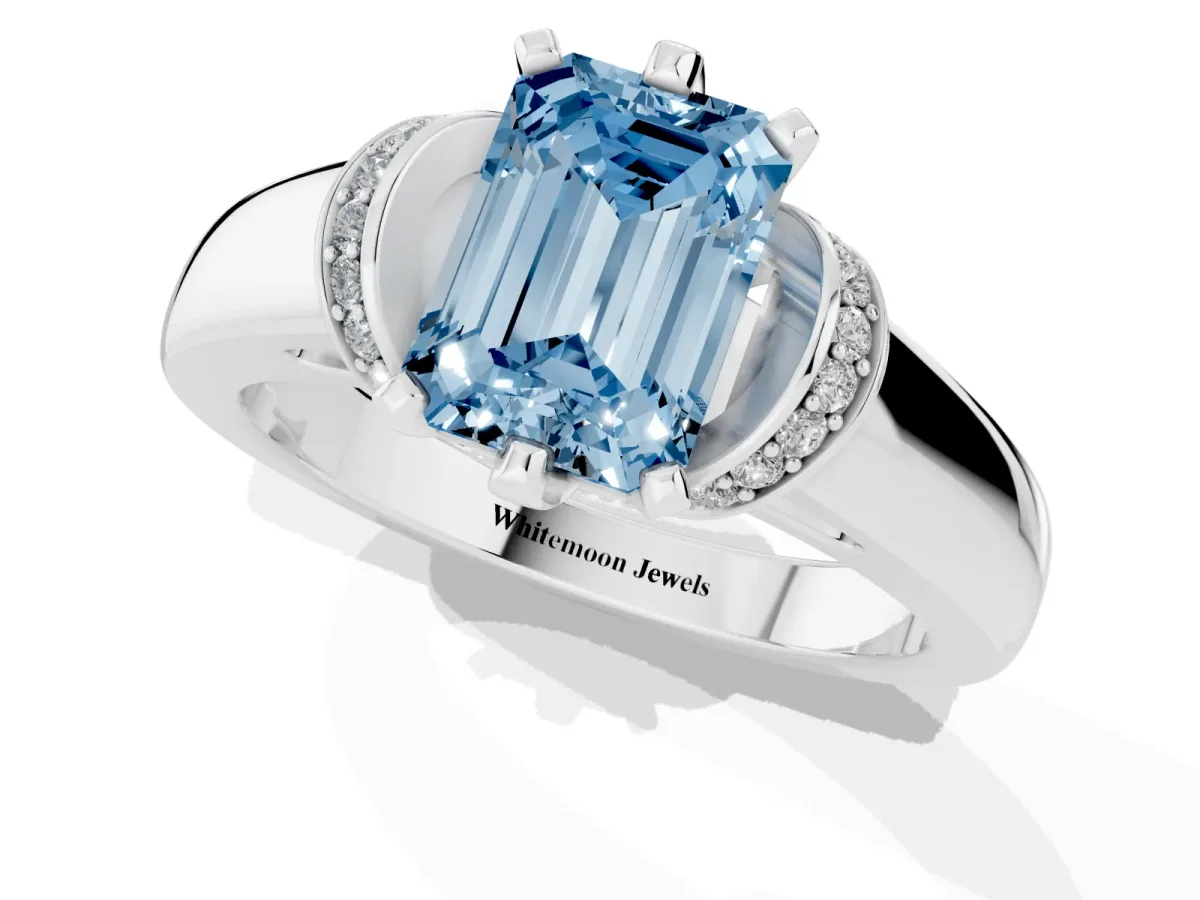 Fancy Blue Emerald Cut Solitaire Diamond Ring with Pave Band and Six-Prong Setting Platinum