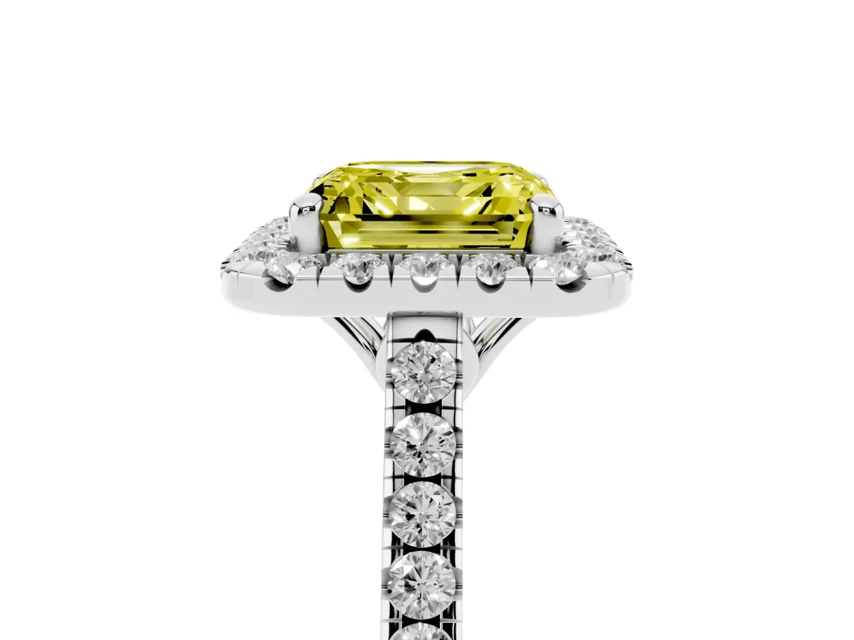Fancy Yellow Asscher Cut Halo Pavé Diamond Engagement Ring with Four-Prong Setting Silver