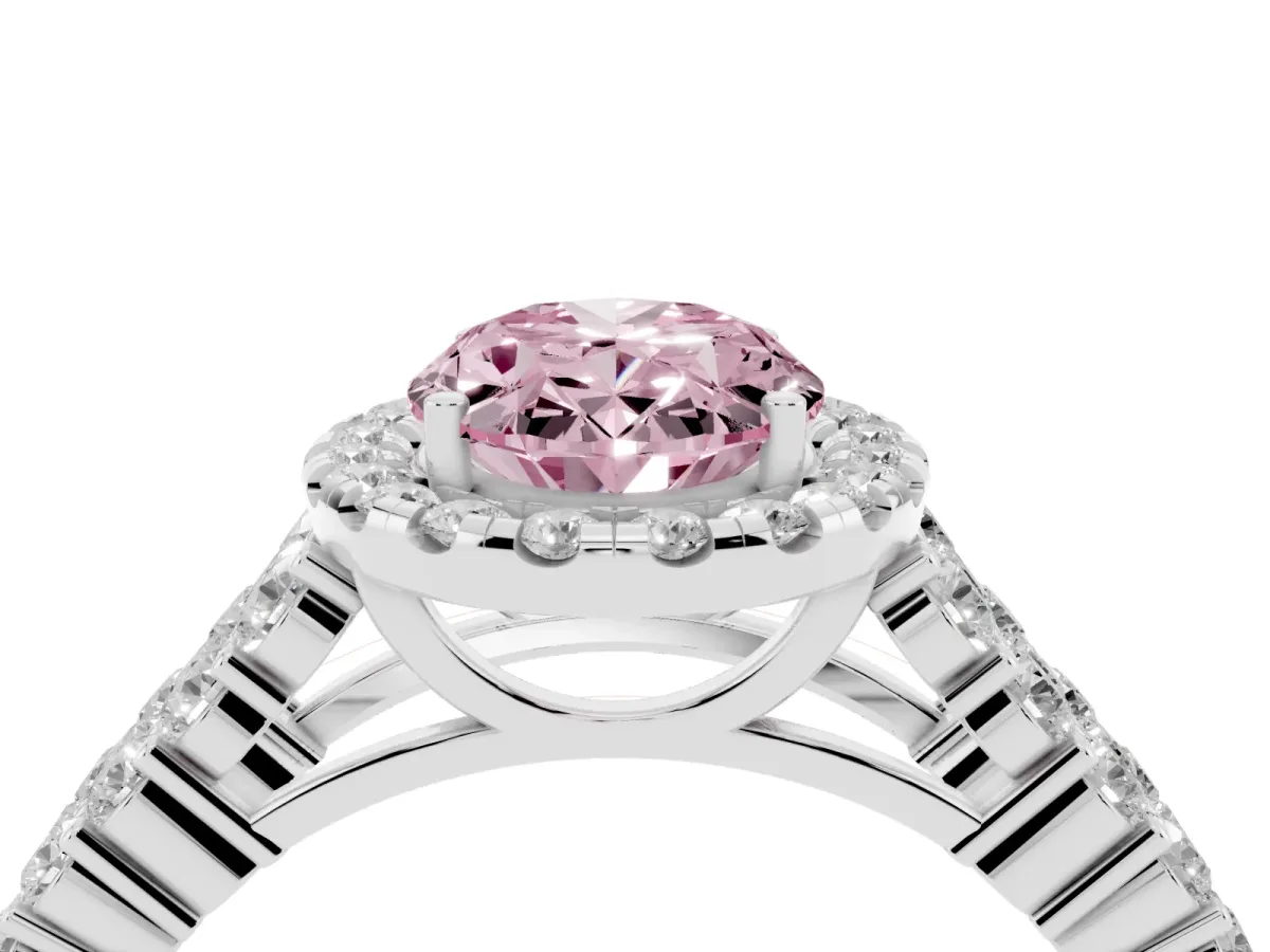 Fancy Pink Oval Cut Diamond Halo Engagement Ring with Triple Row Round Pavé Band and Prong Setting Platinum