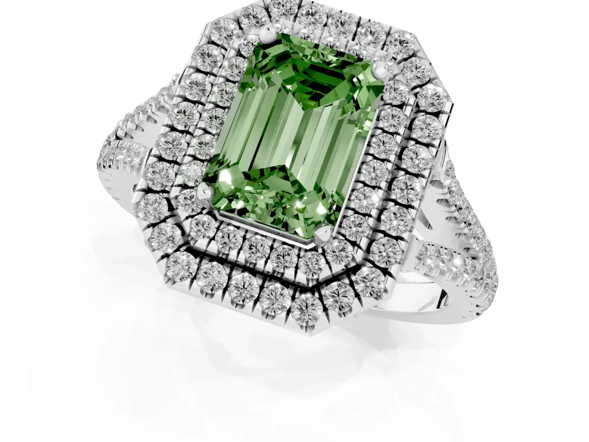 Fancy Green Emerald Cut Diamond Double Halo Ring with Pavé Band and Prong Setting Silver
