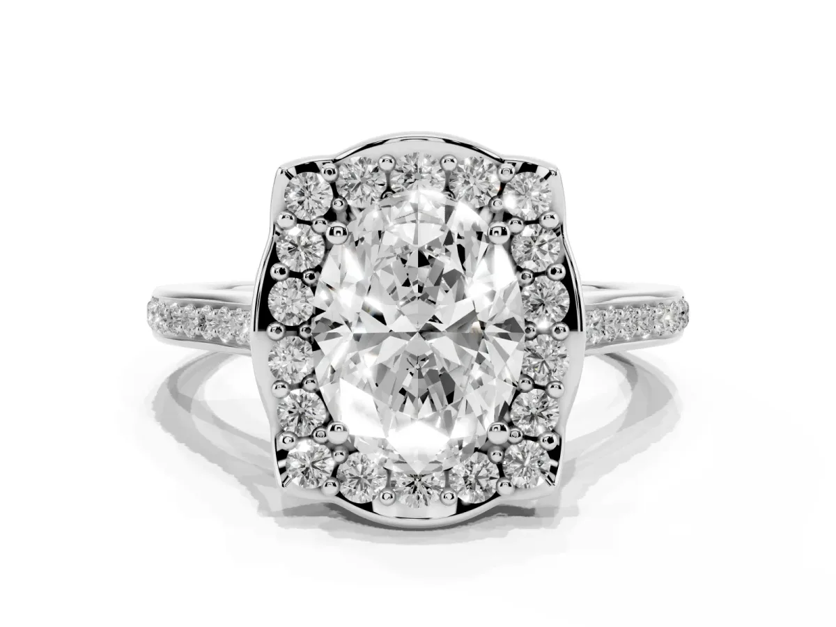 Oval Cut Halo Round Diamond Pave Band with Four-Prong Setting Silver