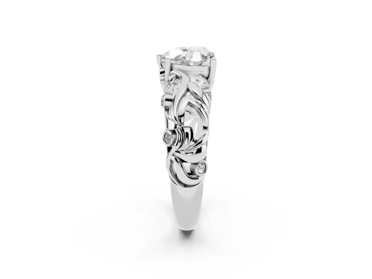 Heart Cut Solitaire Diamond Leaf-Inspired Vine Band Ring with Prong Setting Silver