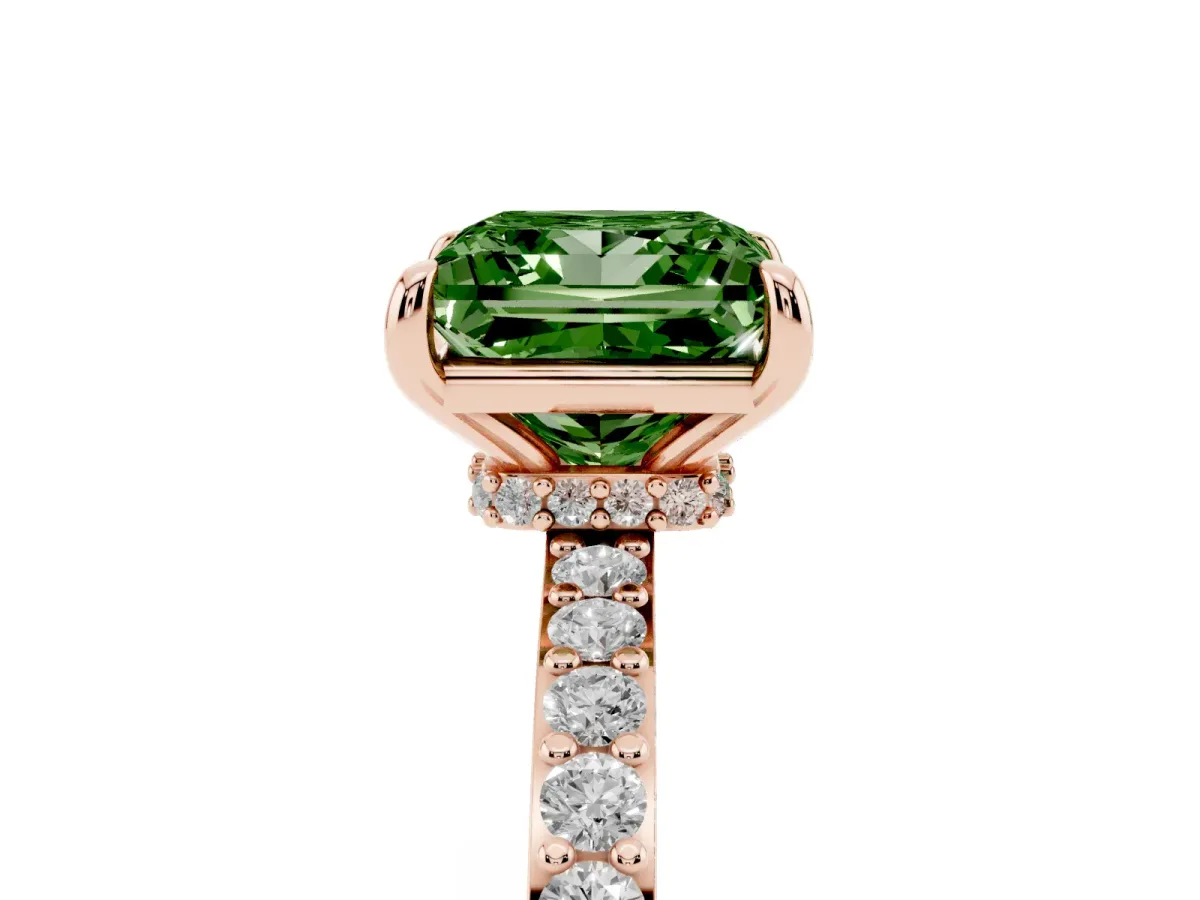 Fancy Green Princess Cut Diamond Pavé Engagement Ring with Round Accents and Prong Setting Rose gold