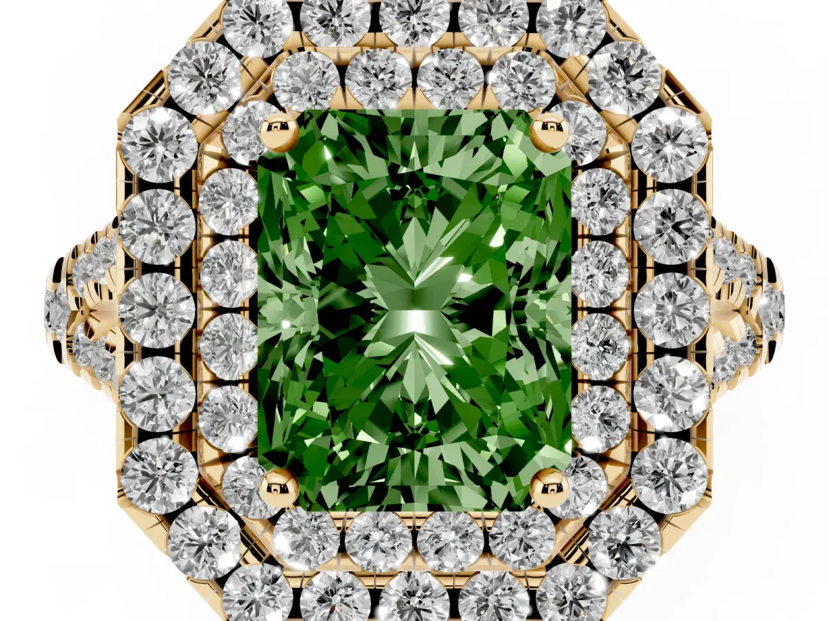 Fancy Green Double Halo Radiant Cut Diamond Pavé Split Shank Ring with Prong Setting Yellow gold