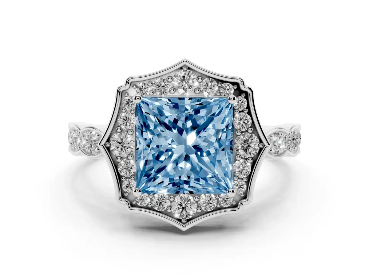 Fancy Blue Princess Cut Halo Diamond Engagement Ring with Milgrain Band and Four-Prong Setting Platinum