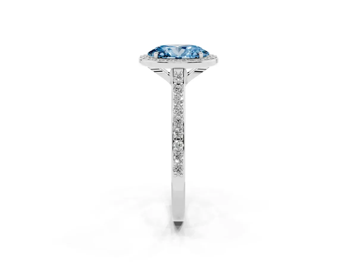 Fancy Blue Oval Cut Diamond Halo Engagement Ring with Round Pavé Shoulders and Prong Setting Platinum