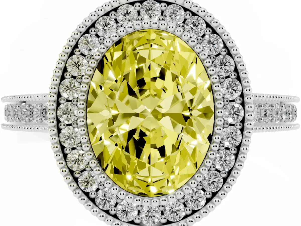 Fancy Yellow Oval Cut Cut Halo Diamond Ring with Pavé Band and Milgrain Prong Setting Platinum