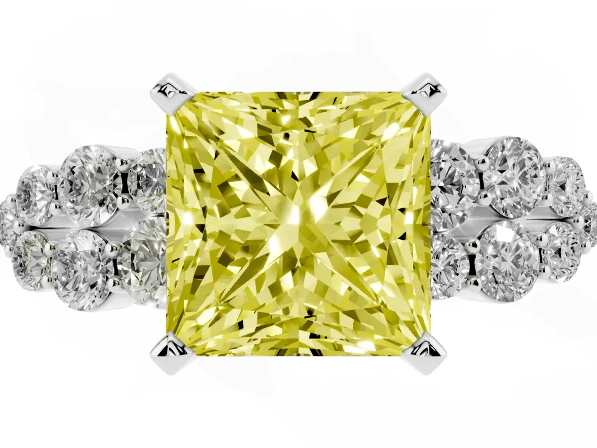 Fancy Yellow Princess Cut Cluster Diamond Engagement Ring with Pavé Band and Four-Prong Setting Platinum