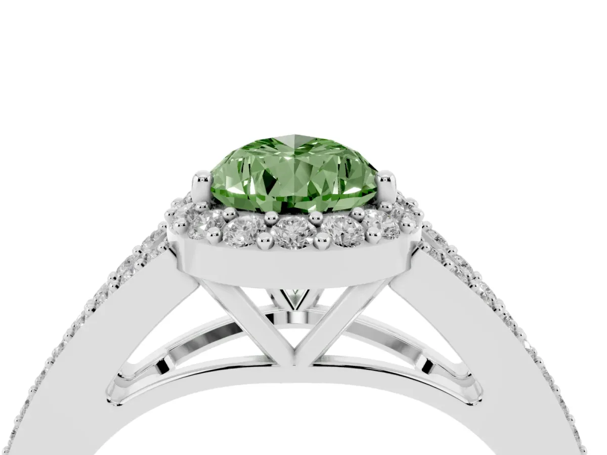 Fancy Green Pear Cut Halo Split Shank Pave Diamond Ring with Four-Prong Setting Platinum