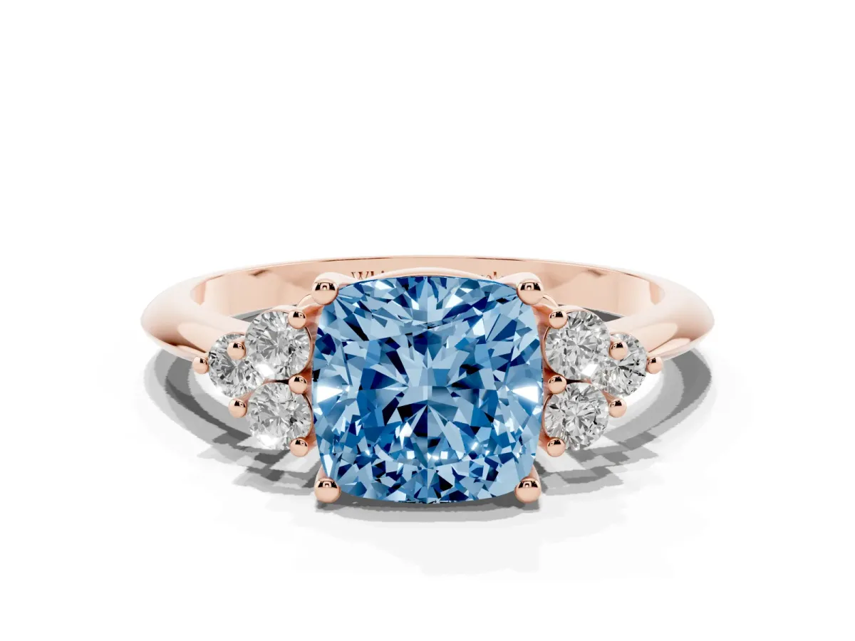 Fancy Blue Cushion Cut Cut Diamond Cluster Ring with Solitaire Band and Four-Prong Setting Rose gold