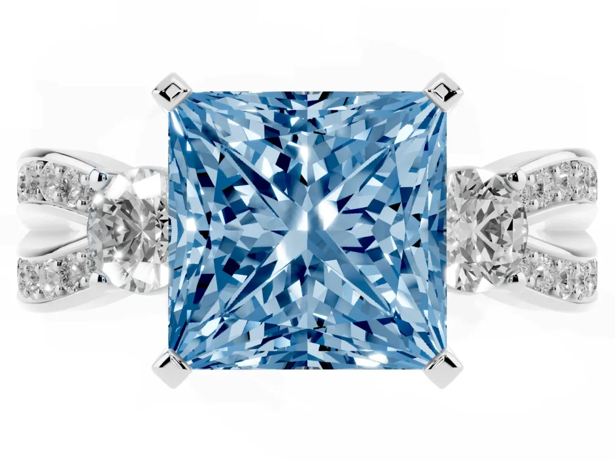 Fancy Blue Three-Stone Princess Cut Cut Diamond Twist Band with Prong Setting Silver