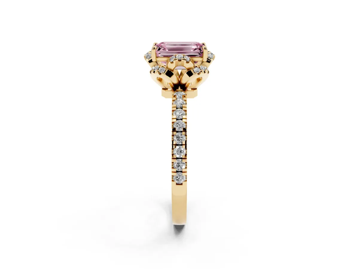 Fancy Pink Emerald Cut Diamond Halo Pave Band with Four-Prong Setting Yellow gold