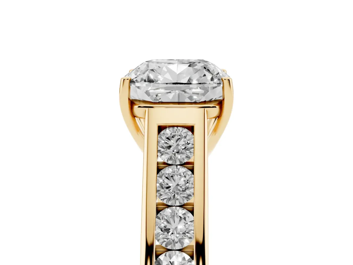 Cushion Cut Brilliant Channel-Set Solitaire Ring with Four-Prong Setting Yellow gold