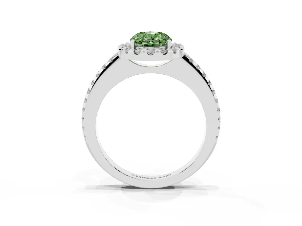 Fancy Green Oval Cut Diamond Pavé Halo Ring with Four-Prong Setting Platinum