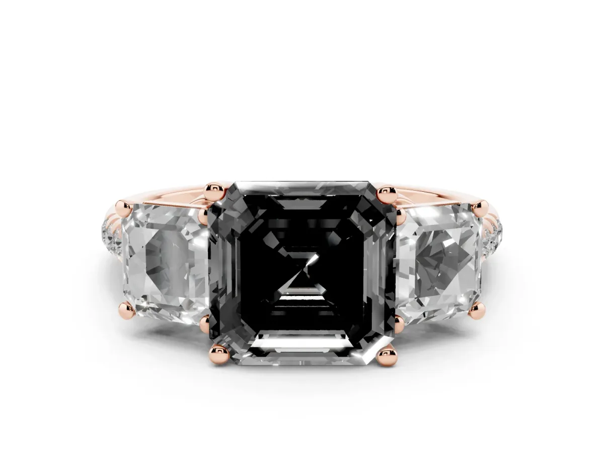 Fancy Black Three-Stone Asscher Cut Diamond Ring with Round Pavé Band and Prong Setting Rose gold