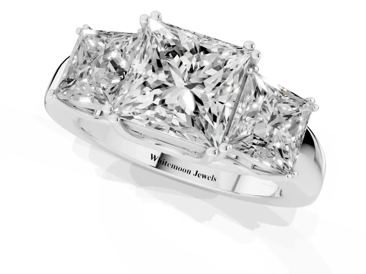 Three-Stone Princess Cut Cut Diamond Ring with Channel Set Band and Four-Prong Setting Silver
