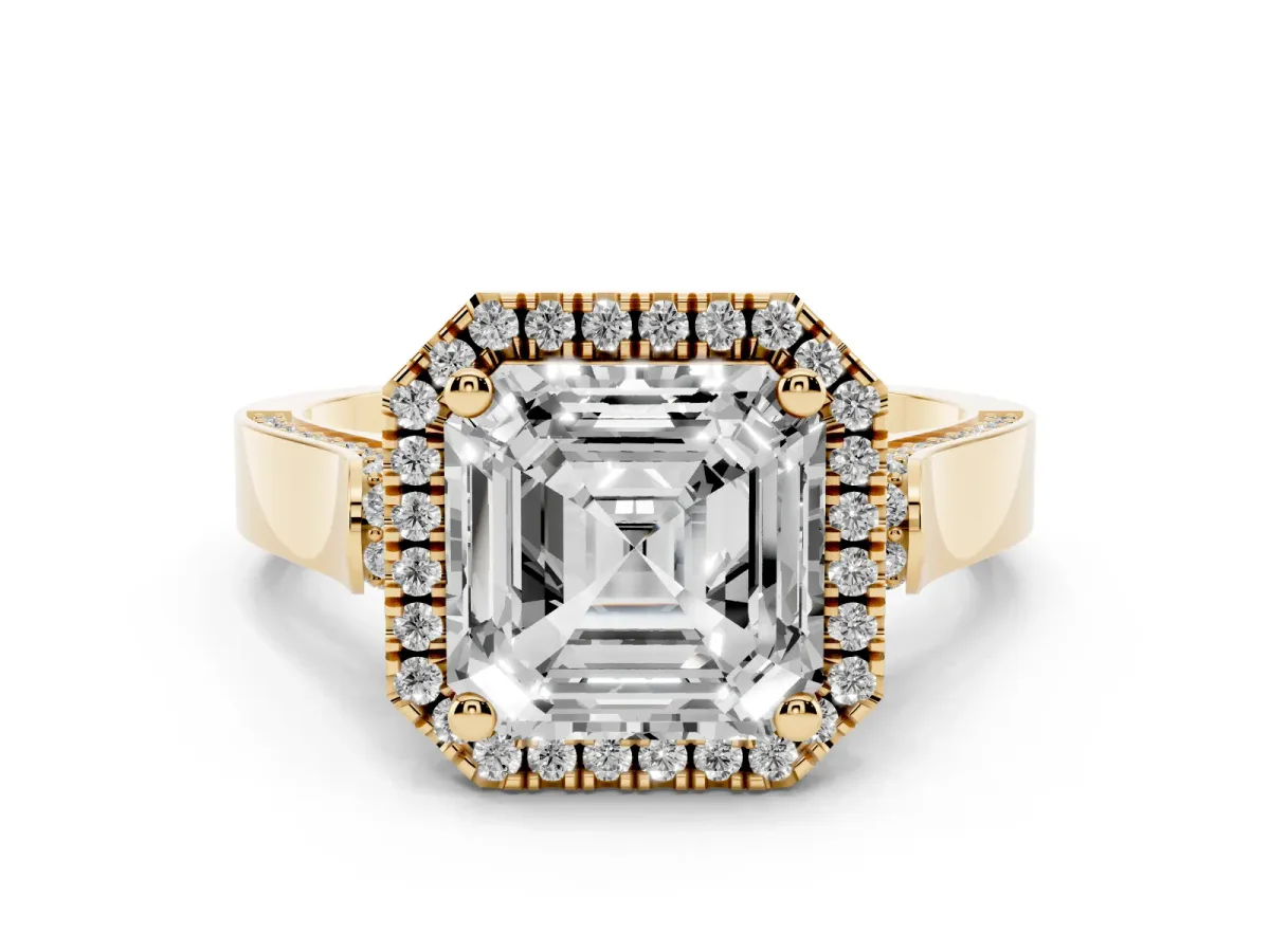 Asscher Cut Halo Pave Split Shank Prong Setting Ring Yellow gold