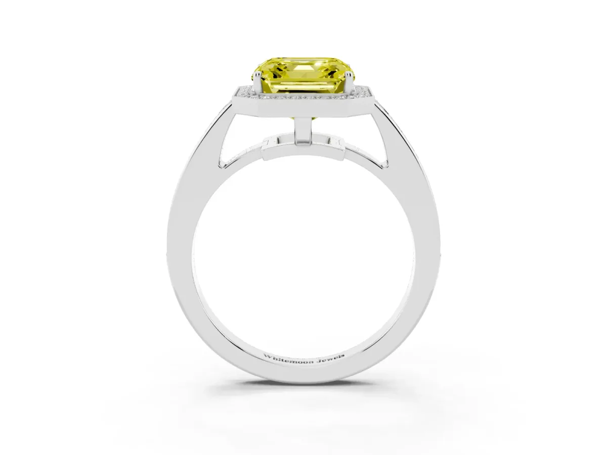 Fancy Yellow Asscher Cut Halo Pavé Diamond Engagement Ring with Bezel Setting Silver