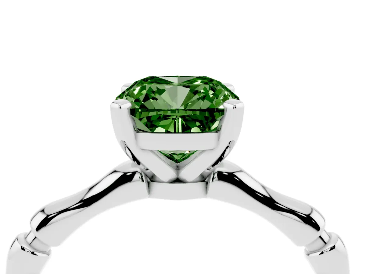 Fancy Green Cushion Cut Solitaire Diamond Ring with Bamboo Band and Four-Prong Setting Silver