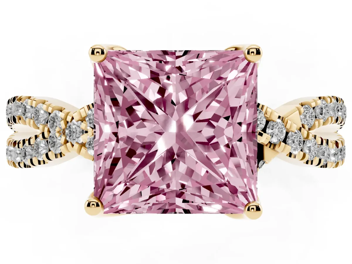 Fancy Pink Princess Cut Solitaire Twist Pave Diamond Engagement Ring with Prong Setting Yellow gold