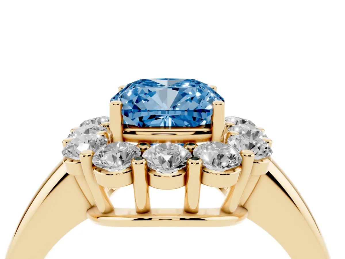 Fancy Blue Cushion Cut Halo Cluster Diamond Engagement Ring with Prong Setting and Polished Band Yellow gold
