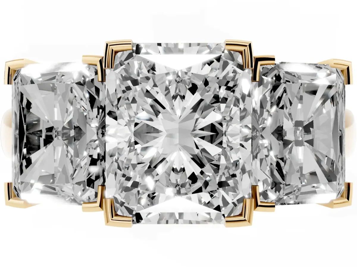 Three-Stone Radiant Cut Cut Diamond Ring with Channel Set Band and Four-Prong Setting Yellow gold